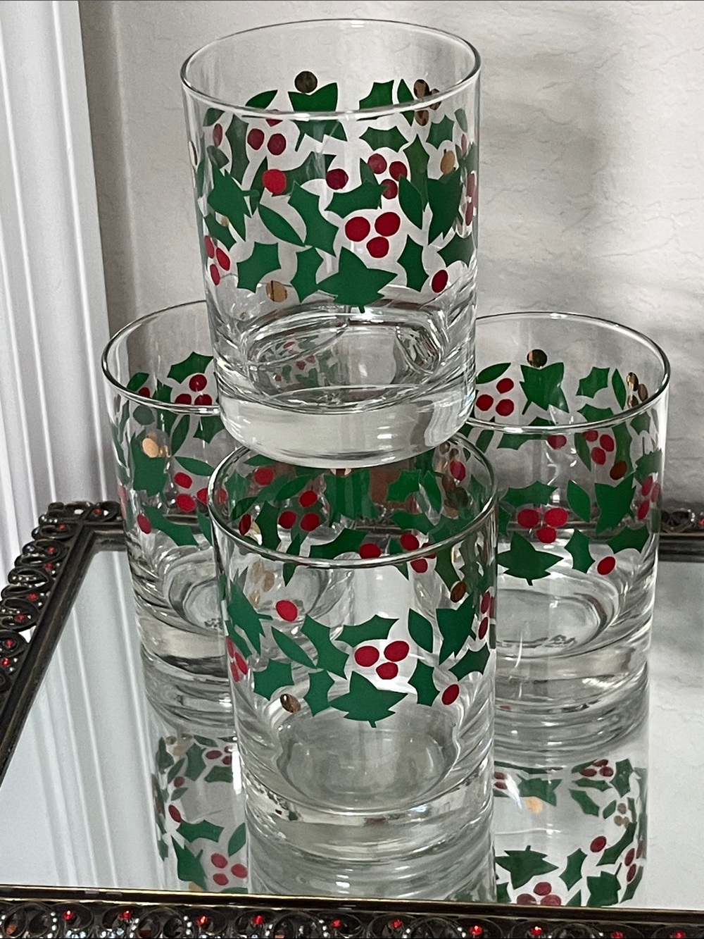 Vintage Crate & Barrel Holiday Holly Glass Gold Accent  - RARE Weighted Bottom